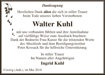 Traueranzeige von Walter Kuhl von WVG - Wochenspiegel Dessau / Köthen