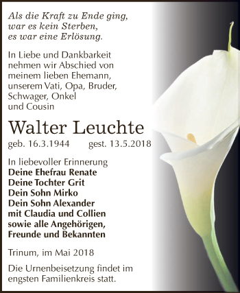 Traueranzeige von Walter Leuchte von WVG - Wochenspiegel Dessau / Köthen