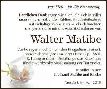 Traueranzeige von Walter Matibe von Super Sonntag SGH Mansf. Land