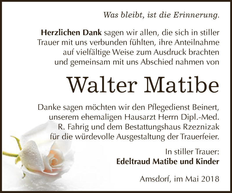  Traueranzeige für Walter Matibe vom 26.05.2018 aus Super Sonntag SGH Mansf. Land