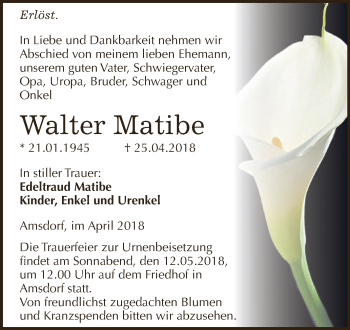 Traueranzeige von Walter Matibe von Super Sonntag SGH Mansf. Land