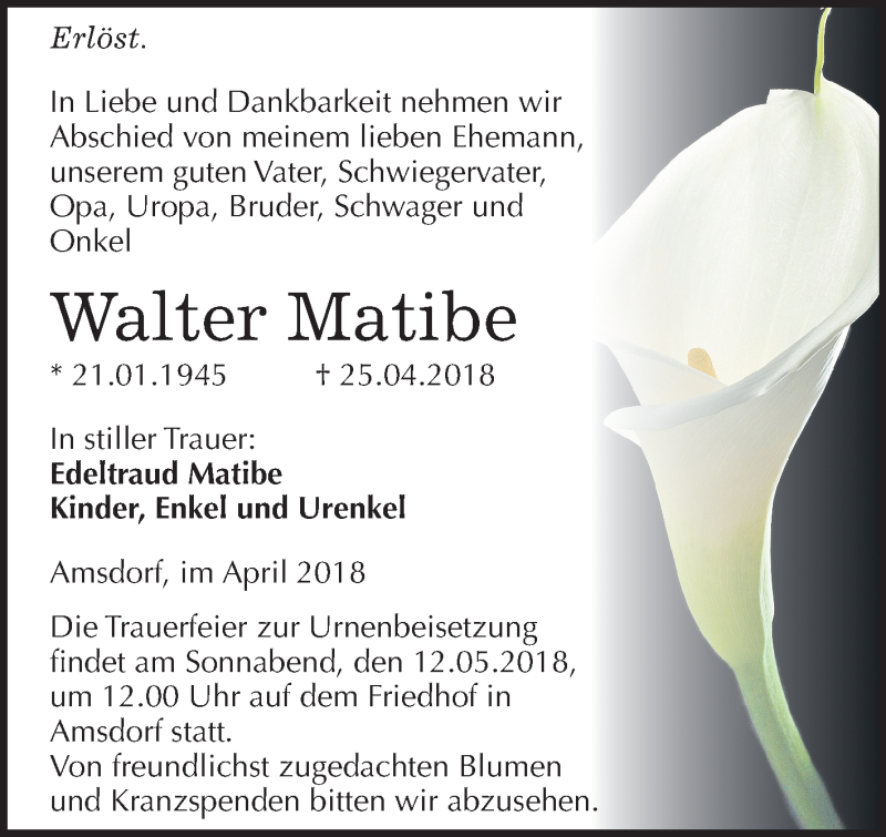  Traueranzeige für Walter Matibe vom 05.05.2018 aus Mitteldeutsche Zeitung