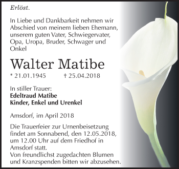 Traueranzeige von Walter Matibe von Mitteldeutsche Zeitung