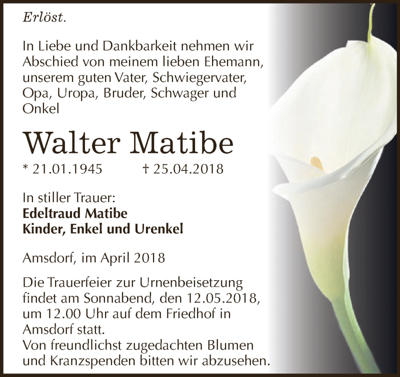  Traueranzeige für Walter Matibe vom 05.05.2018 aus Super Sonntag SGH Mansf. Land