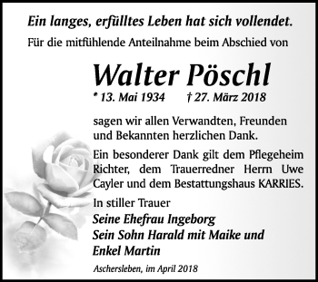 Traueranzeige von Walter Pöschl von WVG - Wochenspiegel Quedlinburg