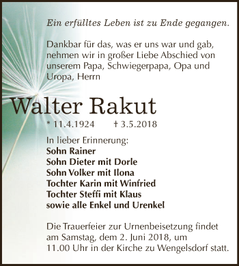 Traueranzeige von Walter Rakut von WVG - Wochenspiegel NMB / WSF / ZTZ