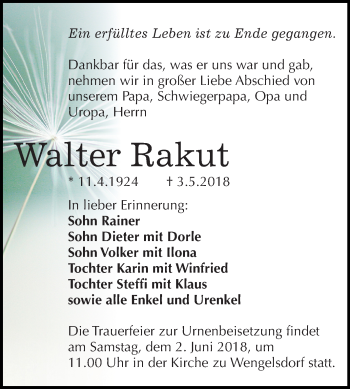 Traueranzeige von Walter Rakut von Mitteldeutsche Zeitung Weißenfels