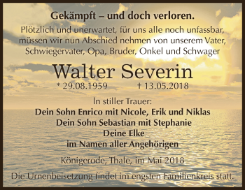 Traueranzeige von Walter Severin von Super Sonntag Aschersleben