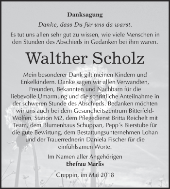 Traueranzeige von Walther Scholz von WVG - Wochenspiegel Bitterfeld