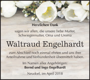 Traueranzeige von Waltraud Engelhardt von WVG - Wochenspiegel Quedlinburg
