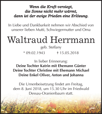 Traueranzeige von Waltraud Herrmann von Mitteldeutsche Zeitung Dessau-Roßlau