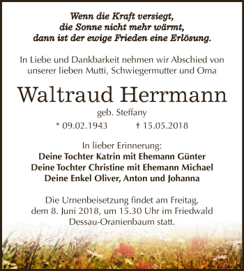 Traueranzeige von Waltraud Herrmann von WVG - Wochenspiegel Dessau / Köthen