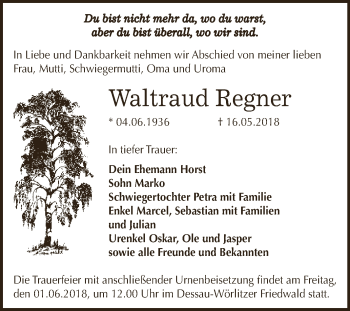 Traueranzeige von Waltraud Regner von WVG - Wochenspiegel Dessau / Köthen