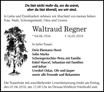 Traueranzeige von Waltraud Regner von Mitteldeutsche Zeitung Dessau-Roßlau