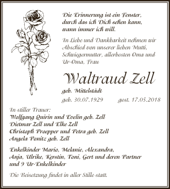 Traueranzeige von Waltraud Zell von WVG - Wochenspiegel NMB / WSF / ZTZ