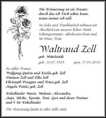 Traueranzeige von Waltraud Zell von Mitteldeutsche Zeitung Weißenfels