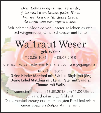Traueranzeige von Waltraut Weser von WVG - Wochenspiegel Bitterfeld