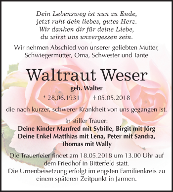 Traueranzeige von Waltraut Weser von Mitteldeutsche Zeitung Bitterfeld