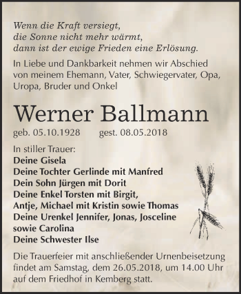 Traueranzeige von Werner Ballmann von WVG - Wochenspiegel Wittenberg
