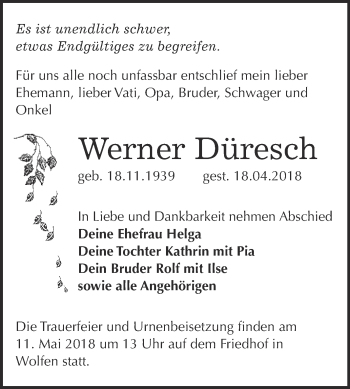 Traueranzeige von Werner Düresch von WVG - Wochenspiegel Bitterfeld