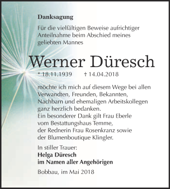 Traueranzeige von Werner Düresch von WVG - Wochenspiegel Bitterfeld