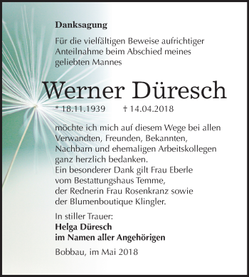 Traueranzeige von Werner Düresch von Mitteldeutsche Zeitung Bitterfeld
