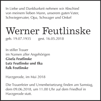 Traueranzeige von Werner Feutlinske von Super Sonntag Quedlinburg
