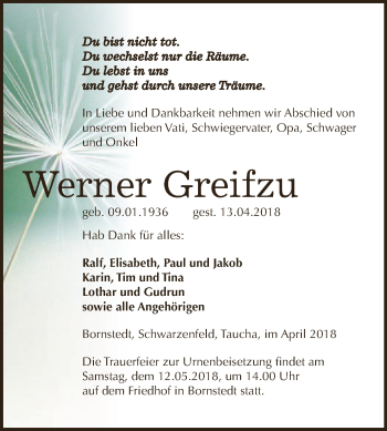 Traueranzeige von Werner Greifzu von Super Sonntag SGH Mansf. Land