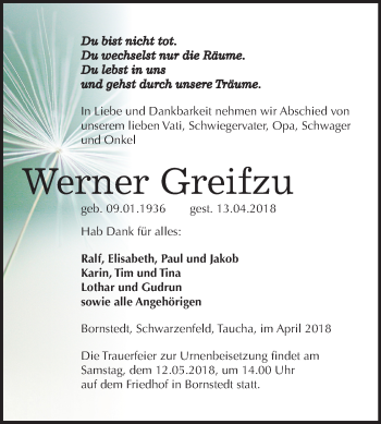 Traueranzeige von Werner Greifzu von Mitteldeutsche Zeitung