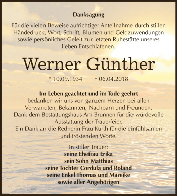 Traueranzeige von Werner Günther von Wochenspiegel Mansfelder Land