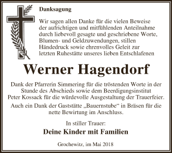 Traueranzeige von Werner Hagendorf von WVG - Wochenspiegel Dessau / Köthen