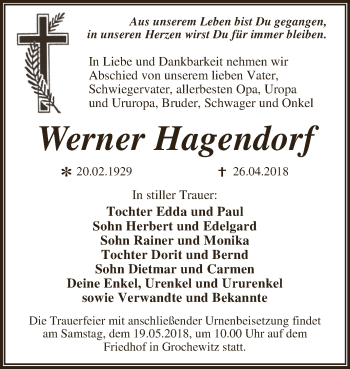 Traueranzeige von Werner Hagendorf von WVG - Wochenspiegel Dessau / Köthen