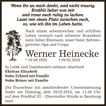 Traueranzeige von Werner Heinecke von Super Sonntag Bernburg