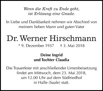 Traueranzeige von Werner Hirschmann von Mitteldeutsche Zeitung Halle/Saalkreis