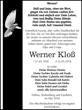 Traueranzeige von Werner Kloß von Mitteldeutsche Zeitung Zeitz