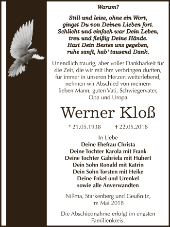 Traueranzeige von Werner Kloß von Super Sonntag Zeitz