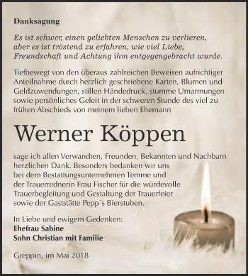 Traueranzeige von Werner Köppen von WVG - Wochenspiegel Bitterfeld