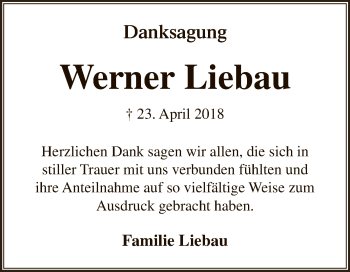 Traueranzeige von Werner Liebau von Super Sonntag SGH Mansf. Land