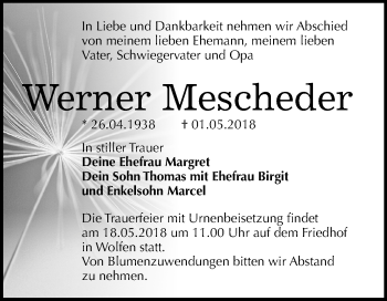 Traueranzeige von Werner Mescheder von Mitteldeutsche Zeitung Bitterfeld