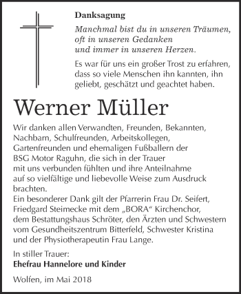 Traueranzeige von Werner Müller von WVG - Wochenspiegel Bitterfeld