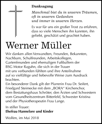 Traueranzeige von Werner Müller von Mitteldeutsche Zeitung Bitterfeld