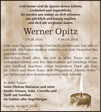 Traueranzeige von Werner Opitz von WVG - Wochenspiegel NMB / WSF / ZTZ