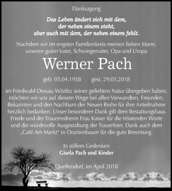 Traueranzeige von Werner Pach von Mitteldeutsche Zeitung Köthen