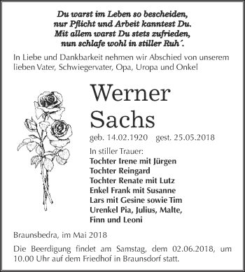 Traueranzeige von Werner Sachs von WVG - Wochenspiegel Merseburg