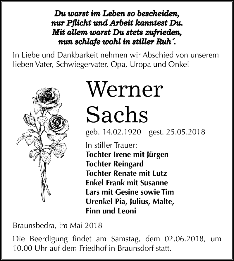  Traueranzeige für Werner Sachs vom 29.05.2018 aus Mitteldeutsche Zeitung Merseburg/Querfurt