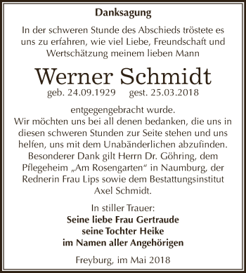 Traueranzeige von Werner Schmidt von WVG - Wochenspiegel NMB / WSF / ZTZ