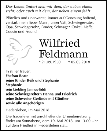 Traueranzeige von Wilfried Feldmann von Mitteldeutsche Zeitung Quedlinburg