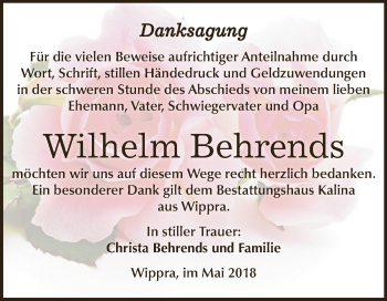 Traueranzeige von Wilhelm Behrends von Super Sonntag SGH Mansf. Land