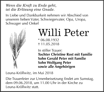 Traueranzeige von Willi Peter von Mitteldeutsche Zeitung Merseburg/Querfurt