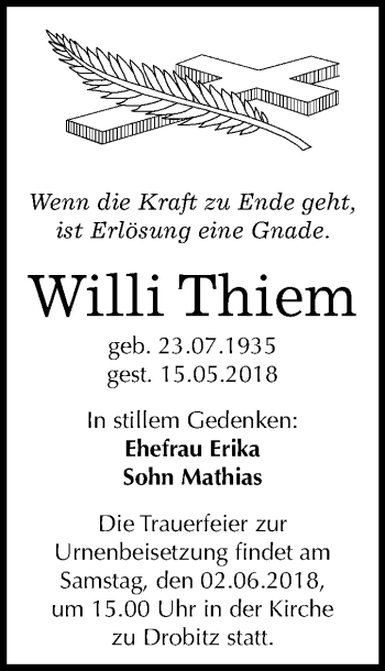 Traueranzeige von Willi Thiem von Mitteldeutsche Zeitung Halle/Saalkreis
